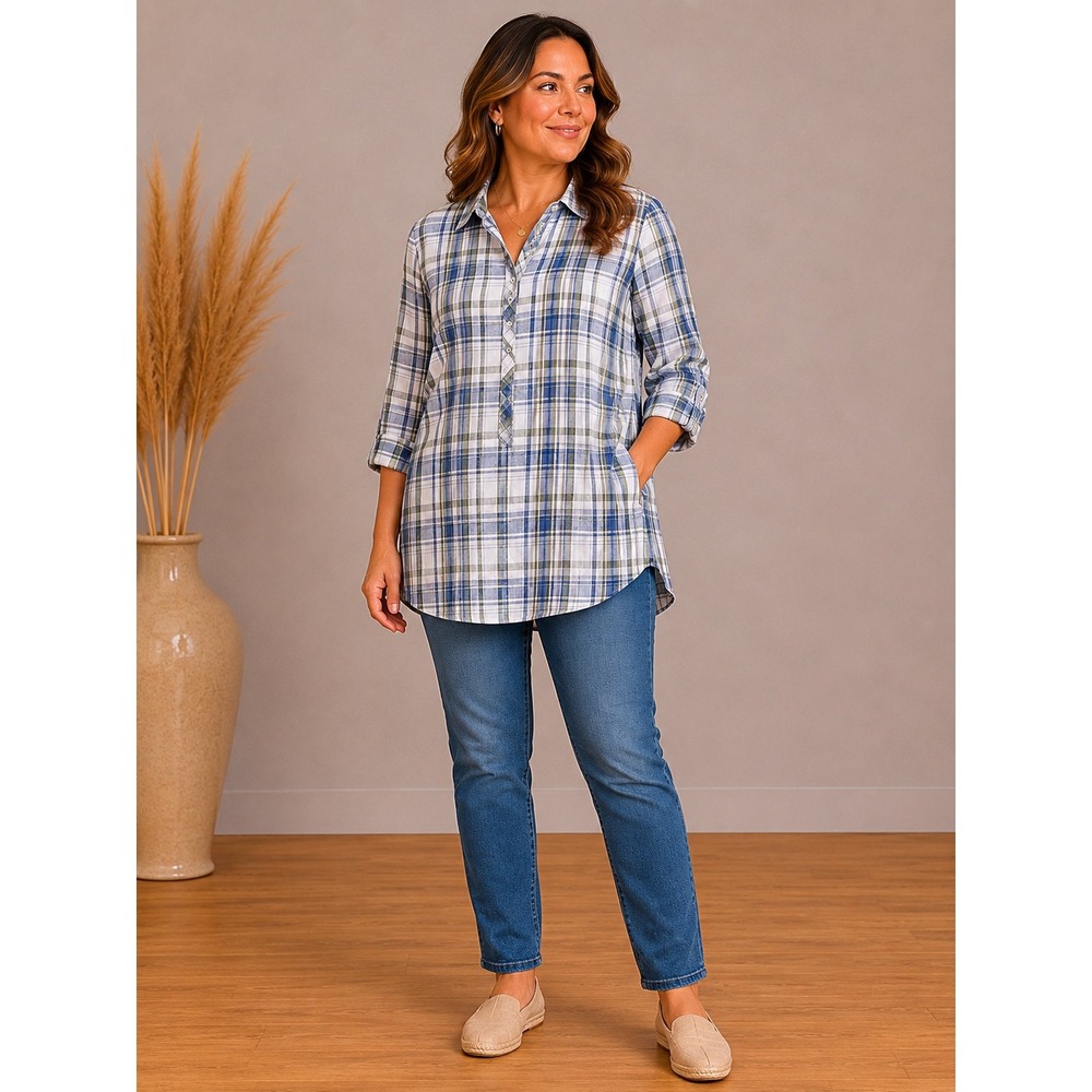 J. Jill Plaid Tunic Women Large Blue Green Linen Roll Tab Sleeve Pockets Top